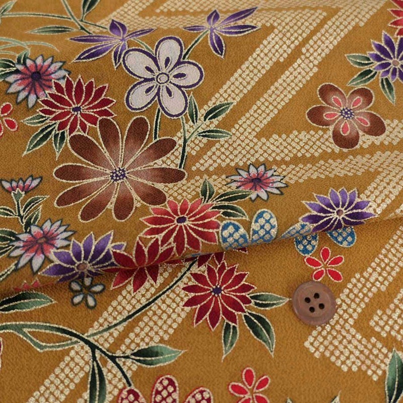 金箔一越ちりめん 金の稲妻かのこに花と蝶(金茶) 10cm単位 切り売り