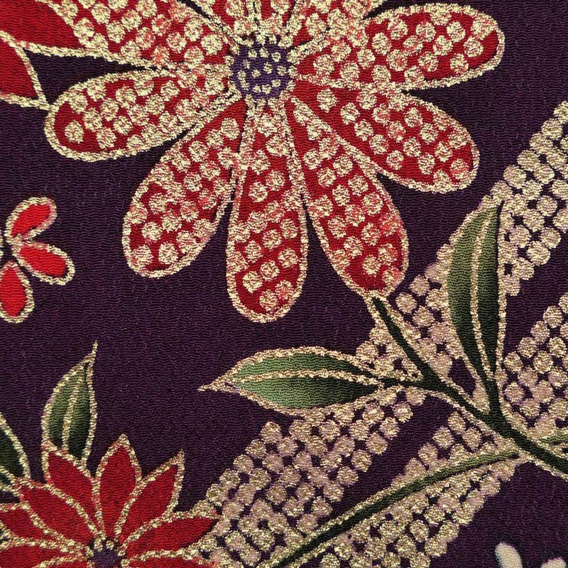 金箔一越ちりめん 金の稲妻かのこに花と蝶(深紫) 10cm単位 切り売り