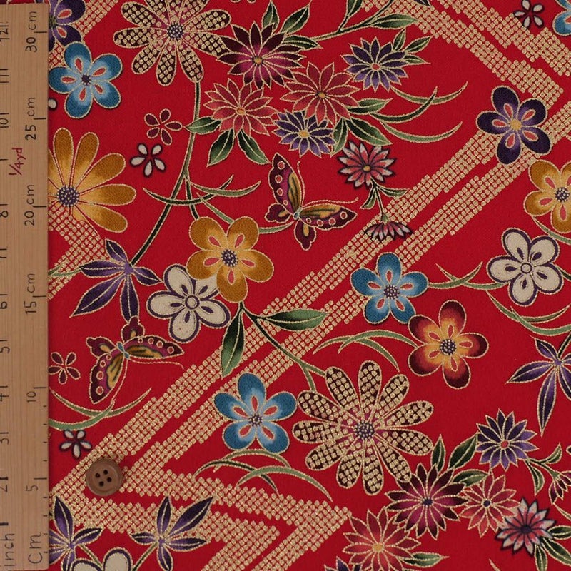 金箔一越ちりめん 金の稲妻かのこに花と蝶(赤) 10cm単位 切り売り