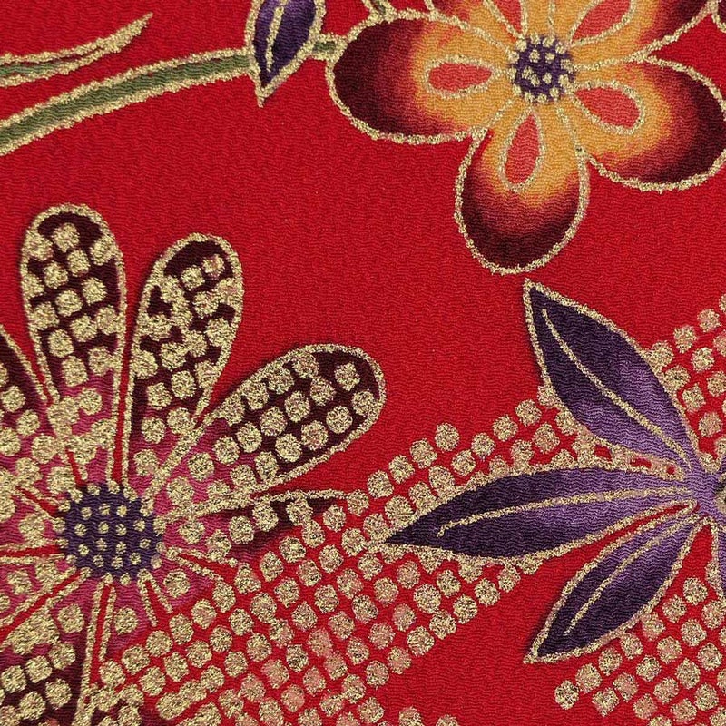 金箔一越ちりめん 金の稲妻かのこに花と蝶(赤) 10cm単位 切り売り