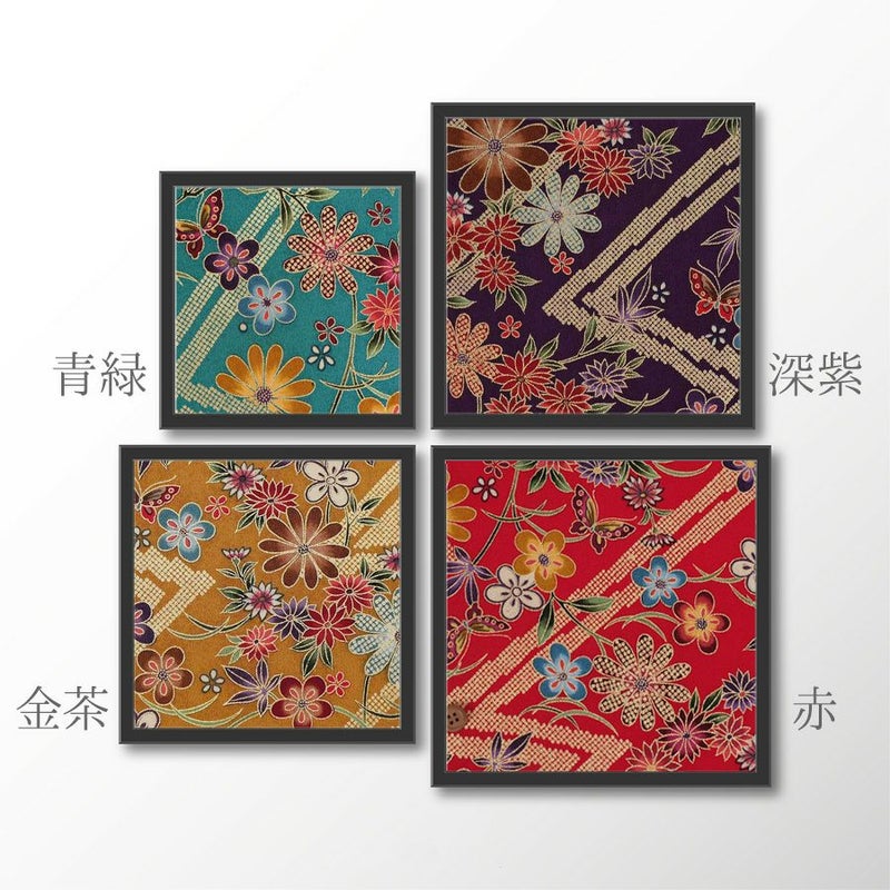 金箔一越ちりめん 金の稲妻かのこに花と蝶(赤) 10cm単位 切り売り