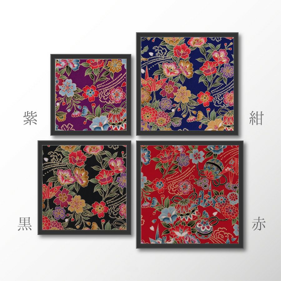 金箔一越ちりめん 折鶴と和花(黒) 10cm単位 切り売り