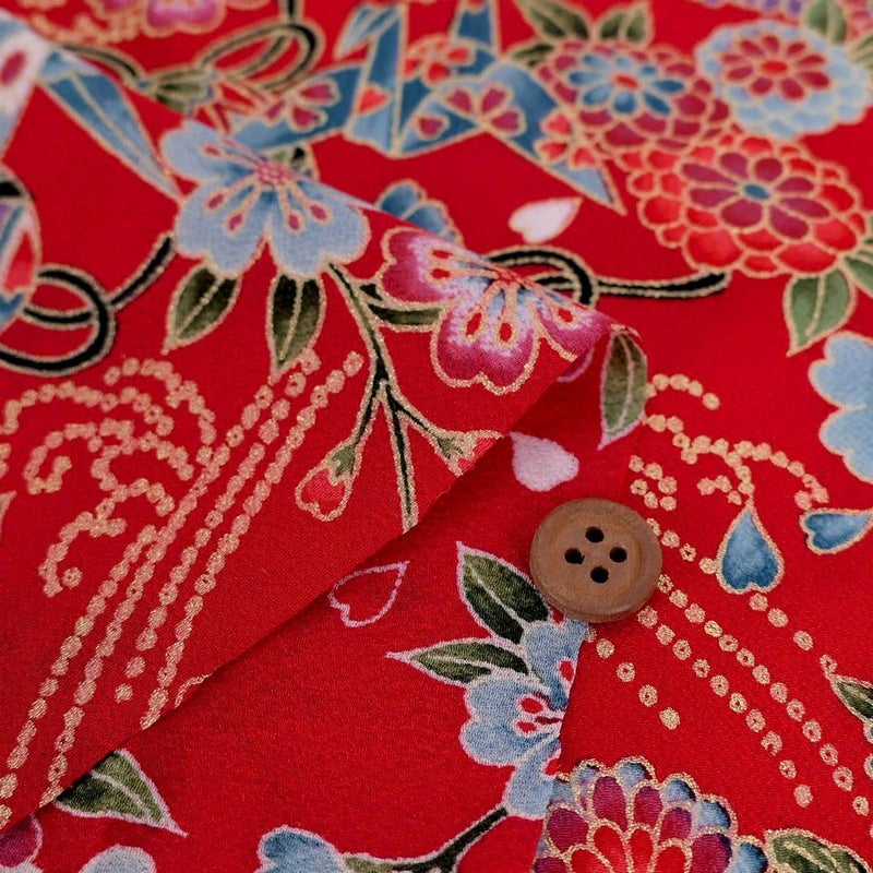 金箔一越ちりめん 折鶴と和花(赤) 10cm単位 切り売り