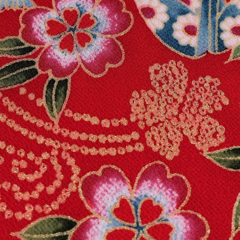 金箔一越ちりめん 折鶴と和花(赤) 10cm単位 切り売り