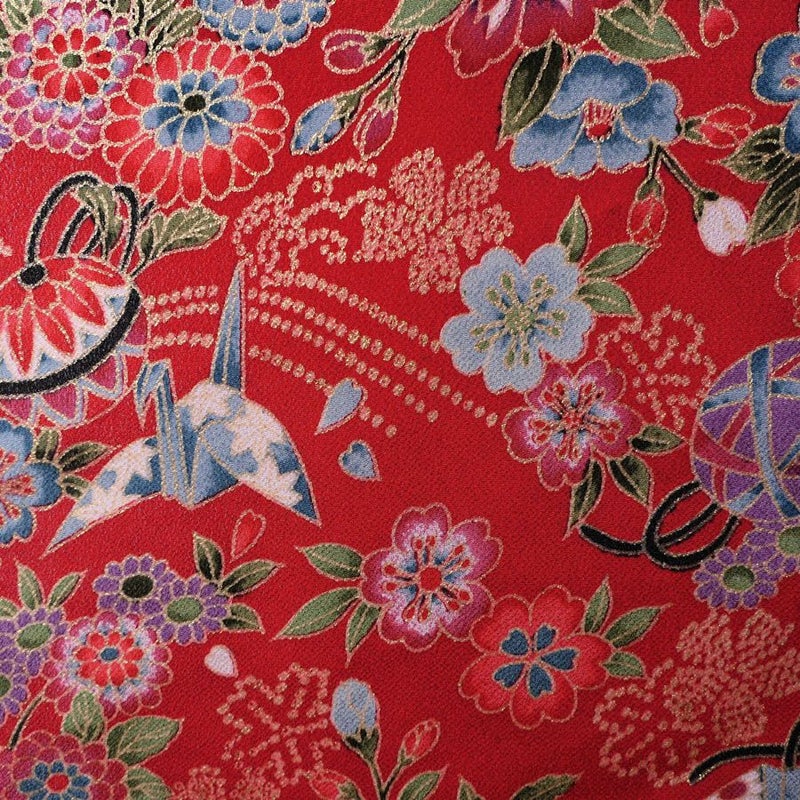 金箔一越ちりめん 折鶴と和花(赤) 10cm単位 切り売り