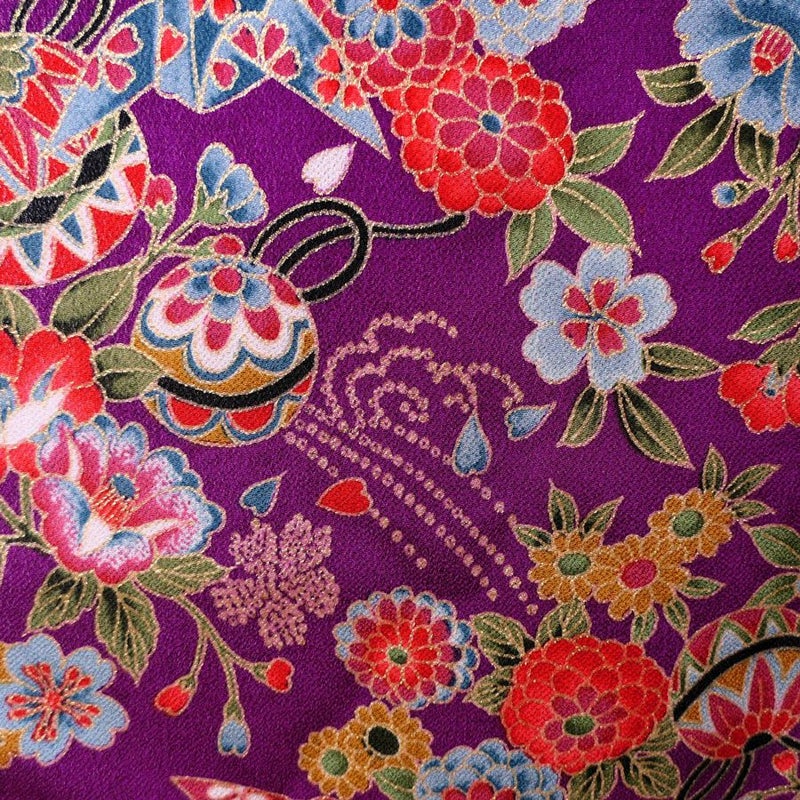金箔一越ちりめん 折鶴と和花(紫) 10cm単位 切り売り