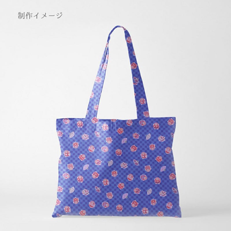 和柄コットン生地 市松にだるまと扇子(青) 10cm単位 切り売り