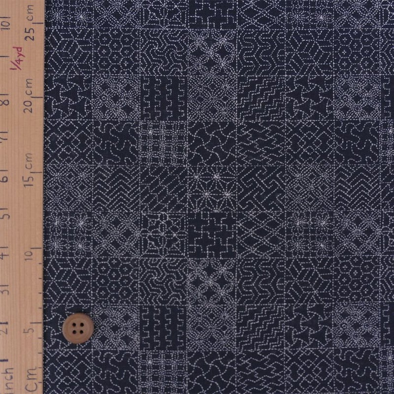 和柄コットン生地 刺し子の市松模様(濃紺) 10cm単位 切り売り