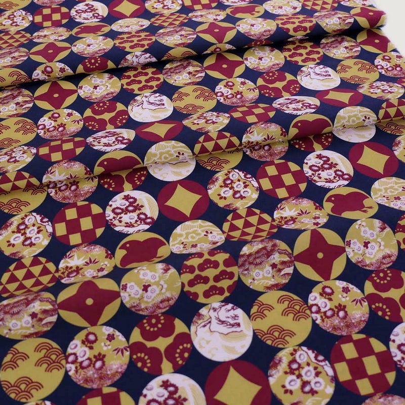 和柄コットン生地 円窓に吉祥模様(濃紺/からし) 10cm単位 切り売り