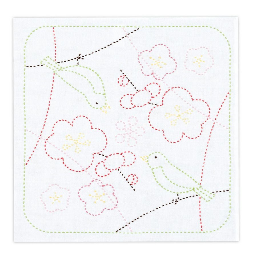 刺し子キット 花ふきん 梅とうぐいす(白)