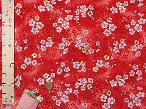 ちりめんカットクロス・梅景色(赤) 23×33cm