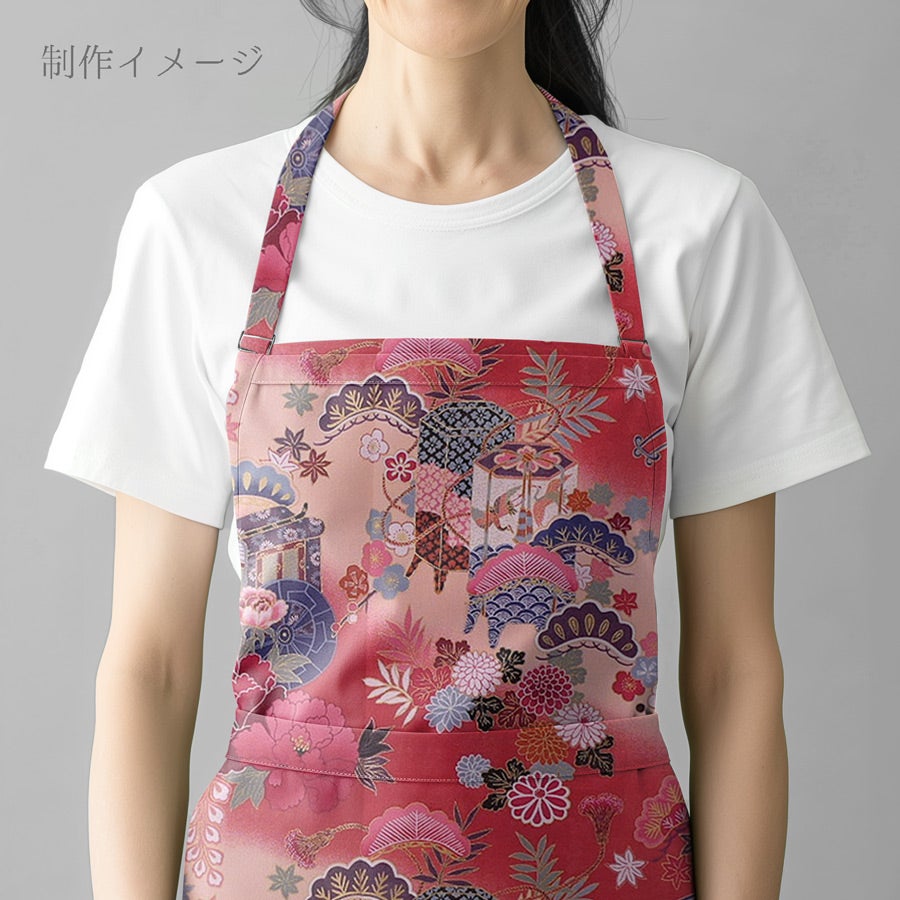 和柄コットン生地 御所車と貝桶に和花尽くし(紅もも色) 着物柄プリント 10cm単位 切り売り
