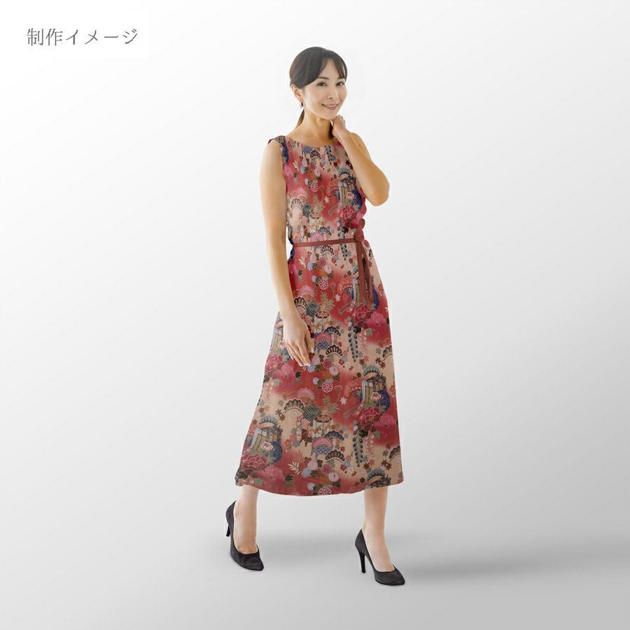 和柄コットン生地 御所車と貝桶に和花尽くし(紅もも色) 着物柄プリント 10cm単位 切り売り