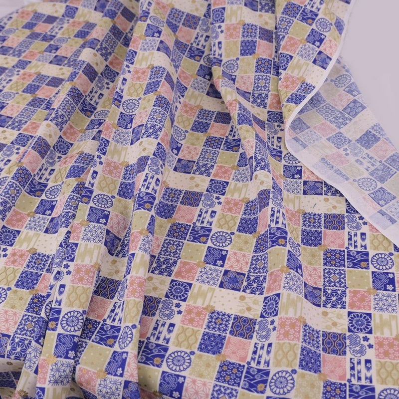 和柄コットン生地 市松パッチワーク文様(青) 10cm単位 切り売り