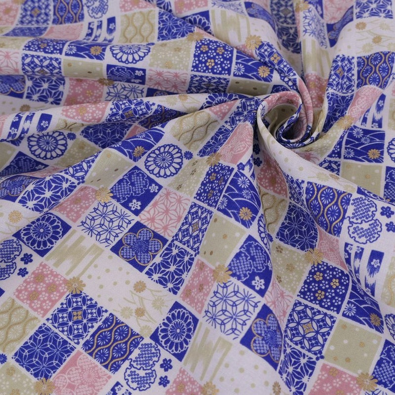 和柄コットン生地 市松パッチワーク文様(青) 10cm単位 切り売り