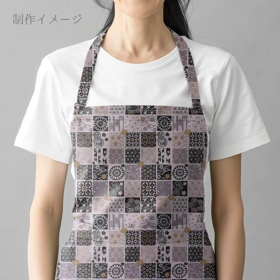 【1点もの・デザイン画付き】綿パッチワーク＆ちりめん生地切り替えブラウス 和柄コットン生地 市松パッチワーク文様(黒) 10cm単位 切り売り |生地
