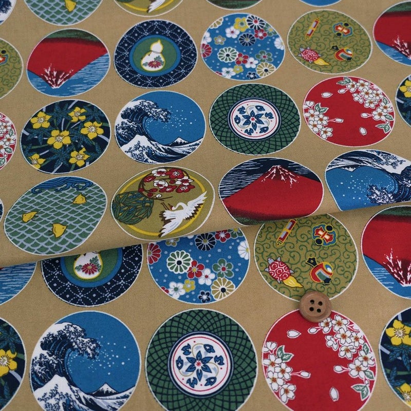 和柄コットン生地 丸紋日本めぐり(ベージュ) 10cm単位 切り売り