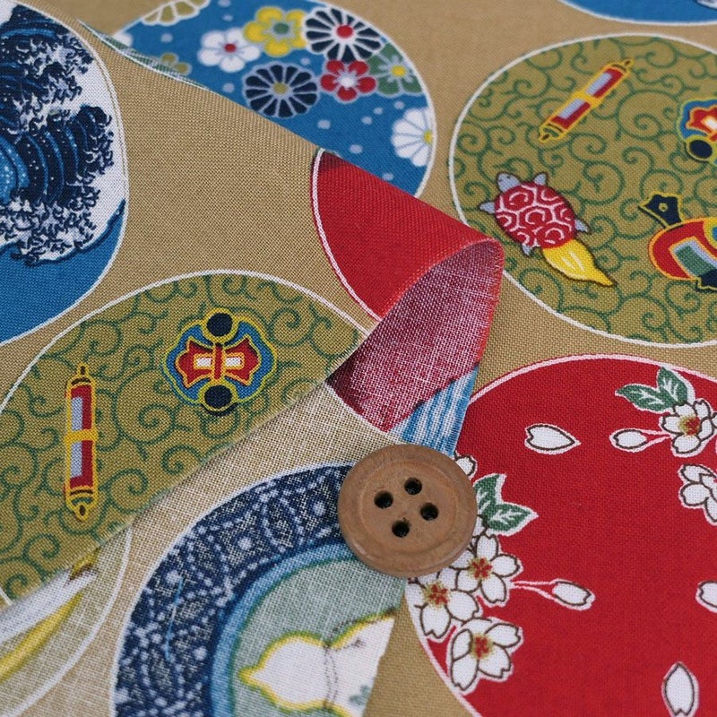 和柄コットン生地 丸紋日本めぐり(ベージュ) 10cm単位 切り売り