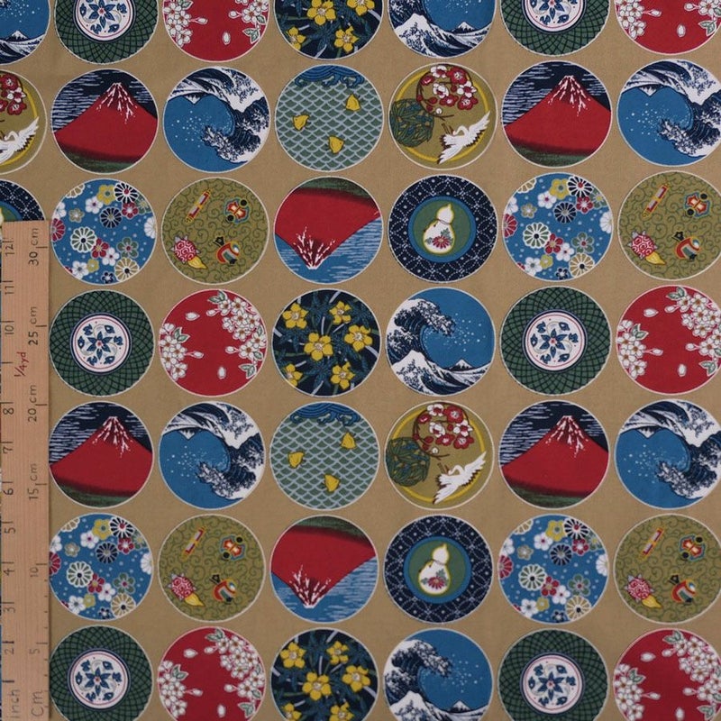 和柄コットン生地 丸紋日本めぐり(ベージュ) 10cm単位 切り売り