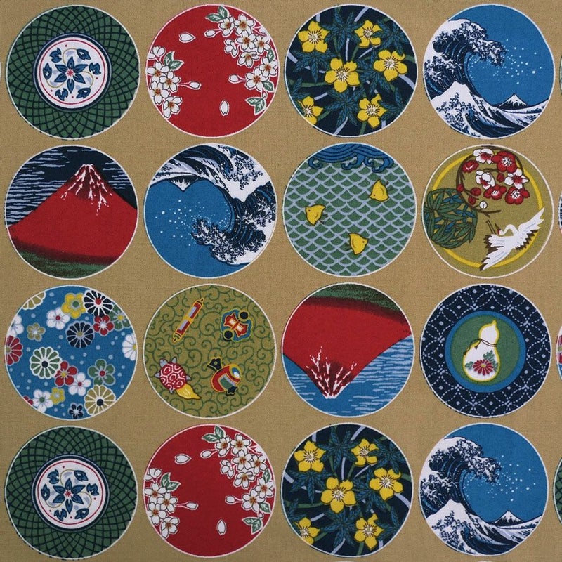 和柄コットン生地 丸紋日本めぐり(ベージュ) 10cm単位 切り売り