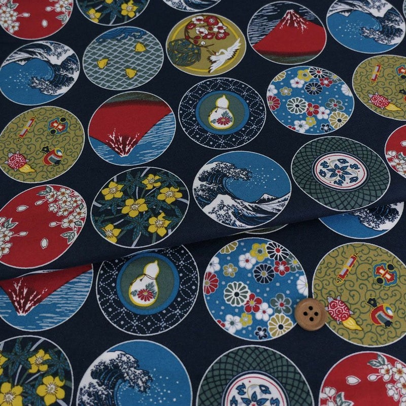 和柄コットン生地 丸紋日本めぐり(紺色) 10cm単位 切り売り