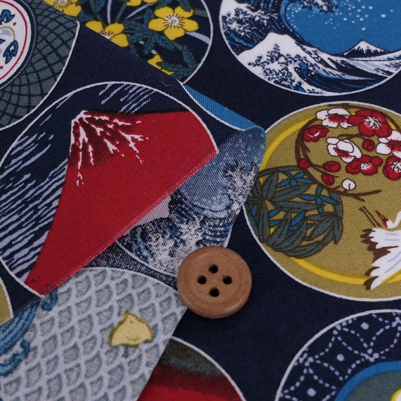 和柄コットン生地 丸紋日本めぐり(紺色) 10cm単位 切り売り