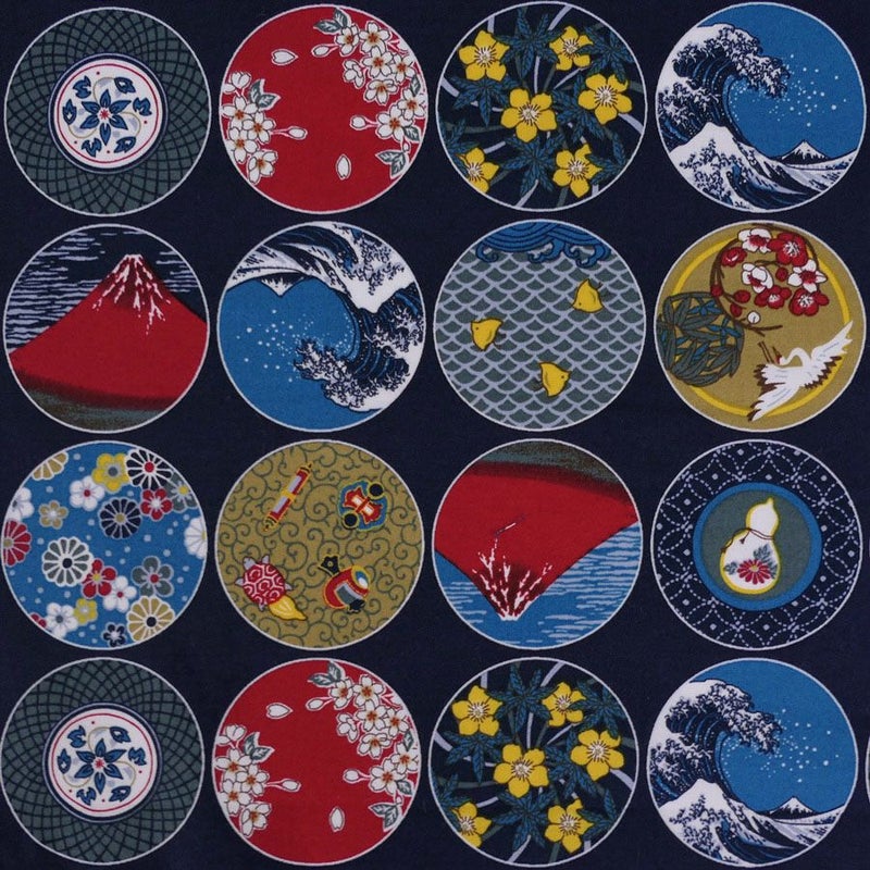 和柄コットン生地 丸紋日本めぐり(紺色) 10cm単位 切り売り