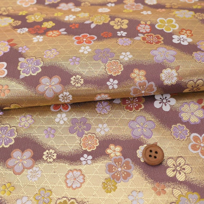 金襴生地(金らん) かごめ霞に梅桜(藤ねず) 10cm単位 切り売り