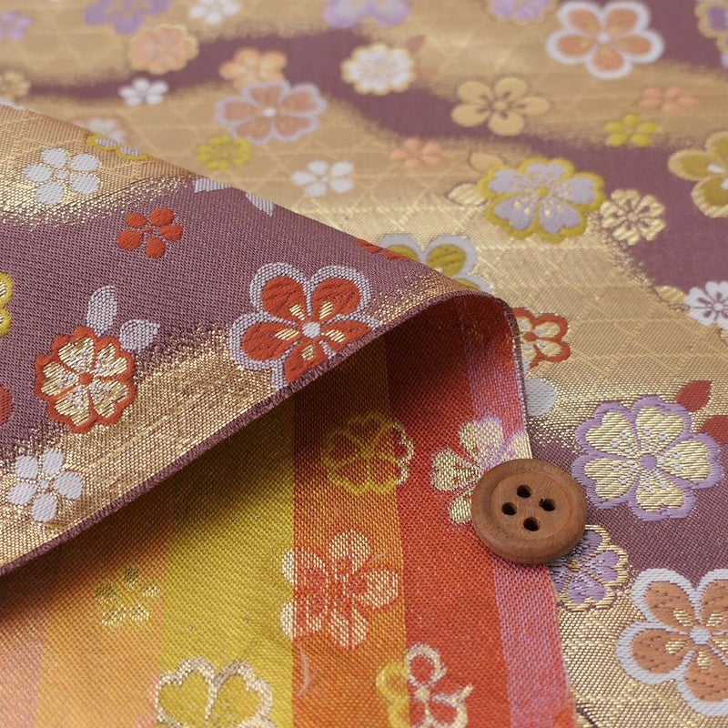 金襴生地(金らん) かごめ霞に梅桜(藤ねず) 10cm単位 切り売り