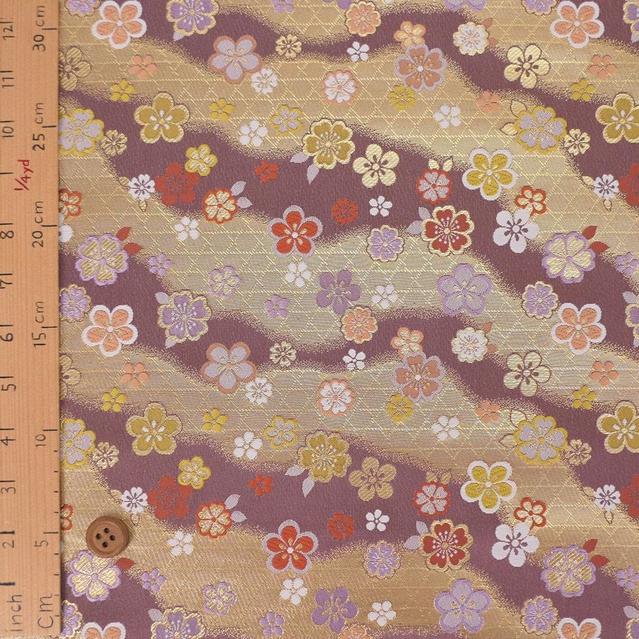 金襴生地(金らん) かごめ霞に梅桜(藤ねず) 10cm単位 切り売り |生地 和