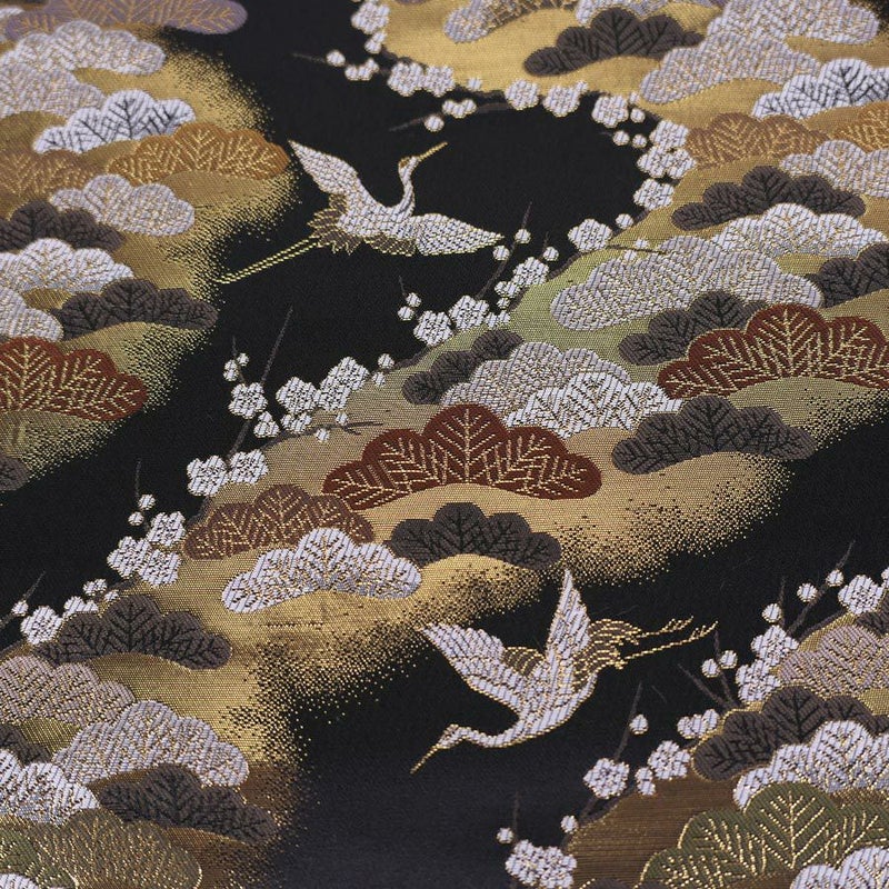金襴生地(金らん) 松霞に鶴と梅(黒) 10cm単位 切り売り