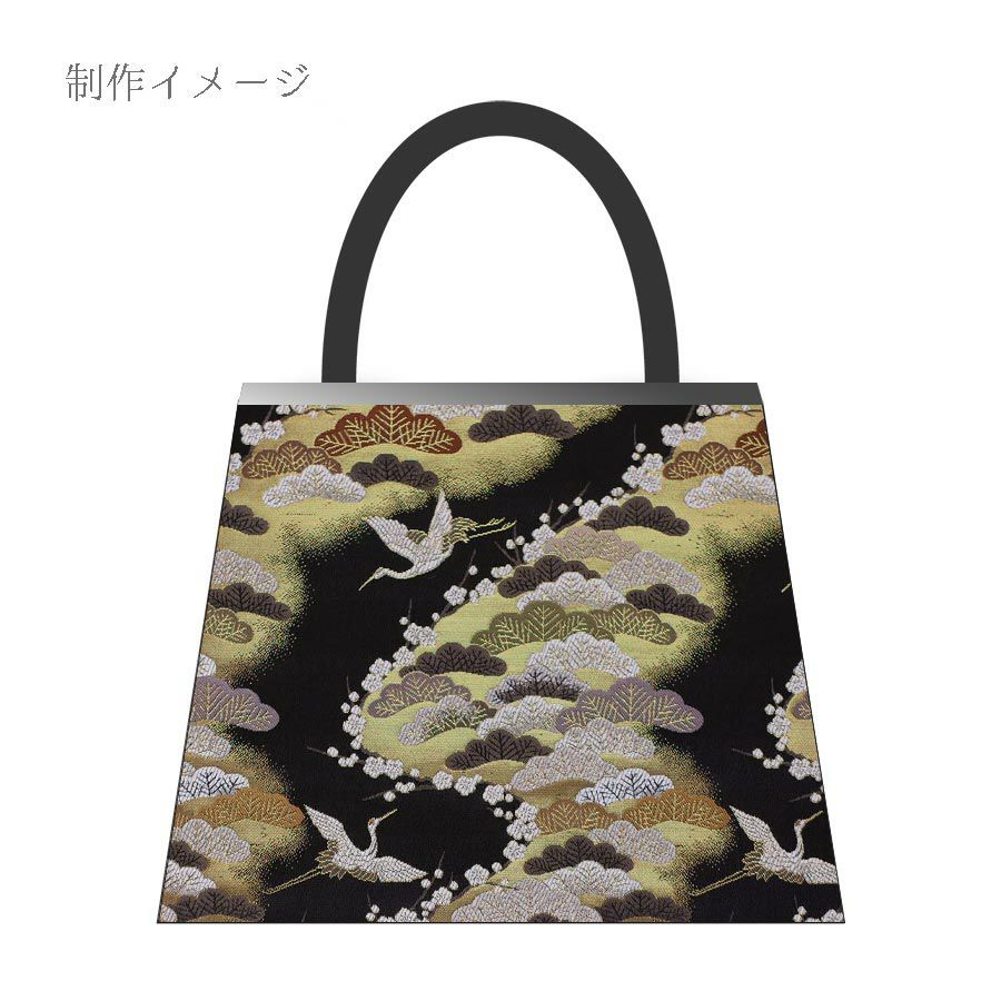 金襴生地(金らん) 松霞に鶴と梅(黒) 10cm単位 切り売り |生地 和柄