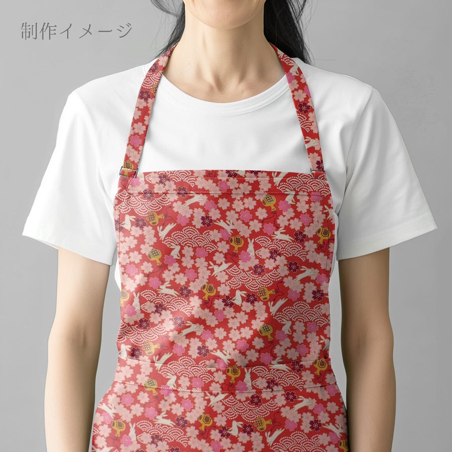 和柄コットン生地 うさぎと桜の吉祥文様(赤) 10cm単位 切り売り