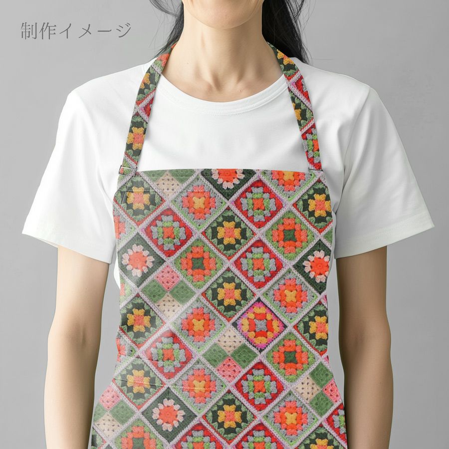 コットン生地 かぎ針編みのモチーフ柄(グリーンオレンジ) 10cm単位 切り売り