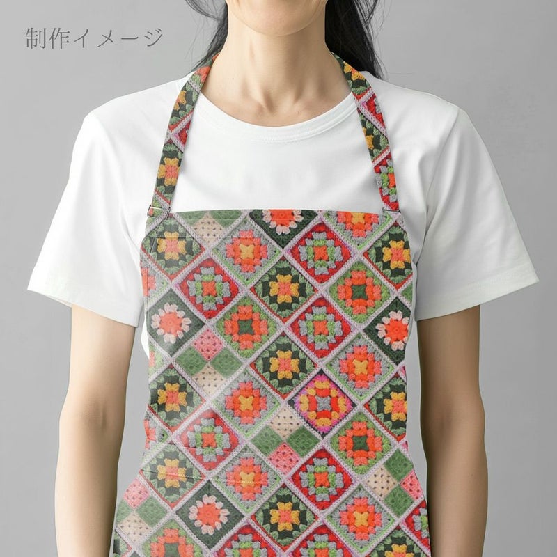 コットン生地 かぎ針編みのモチーフ柄(グリーンオレンジ) 10cm単位 切り売り