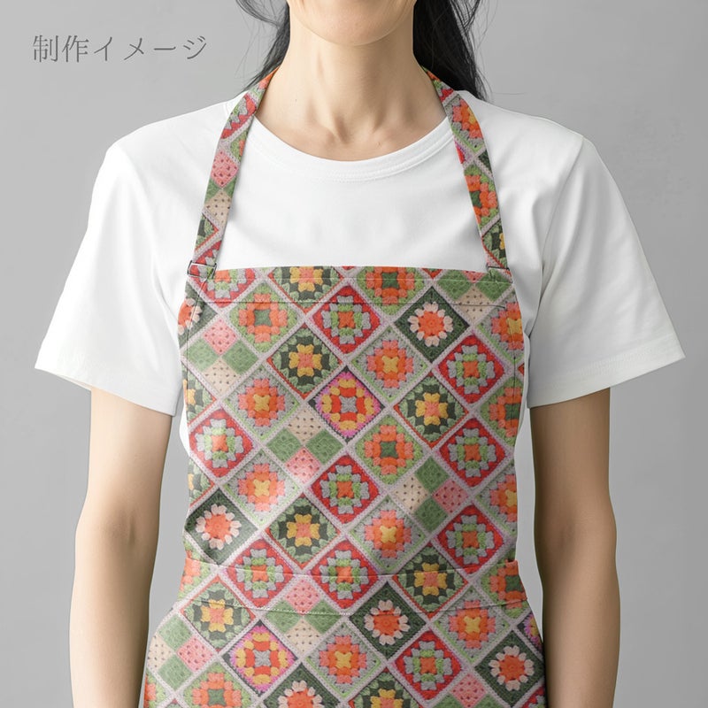 コットン生地 かぎ針編みのモチーフ柄(グリーンオレンジ) 10cm単位 切り売り