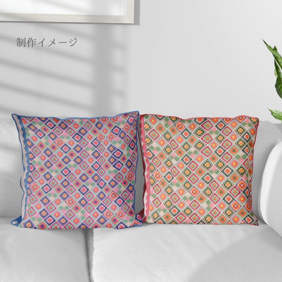 コットン生地 かぎ針編みのモチーフ柄(グリーンオレンジ) 10cm単位 切り売り