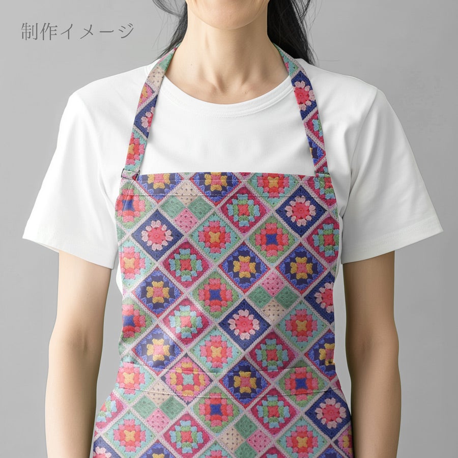 コットン生地 かぎ針編みのモチーフ柄(ブルーピンク) 10cm単位 切り売り