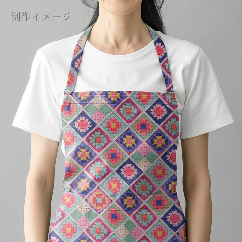 コットン生地 かぎ針編みのモチーフ柄(ブルーピンク) 10cm単位 切り売り
