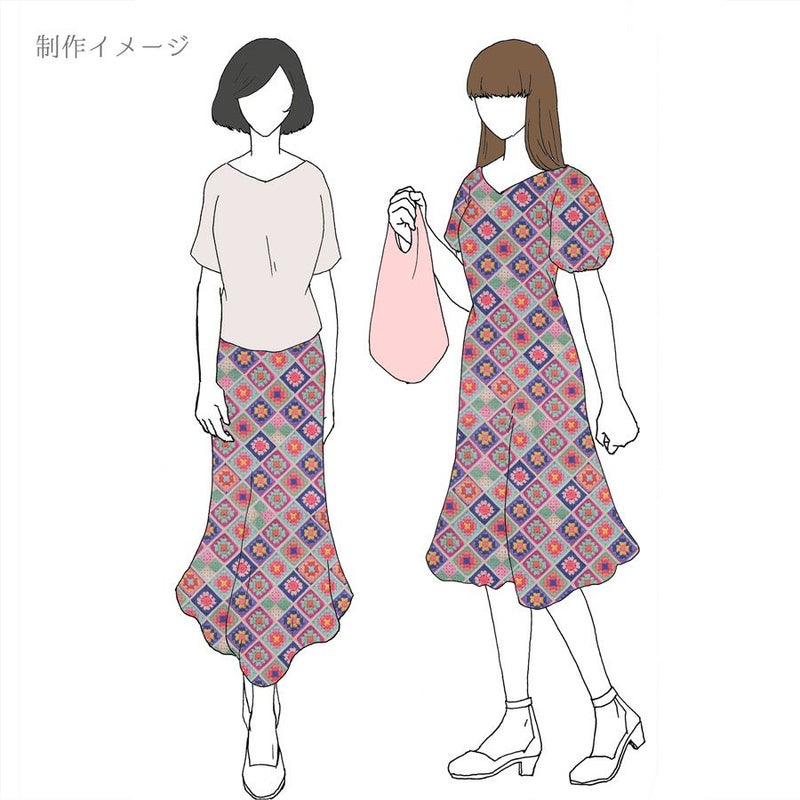 コットン生地 かぎ針編みのモチーフ柄(ブルーピンク) 10cm単位 切り売り