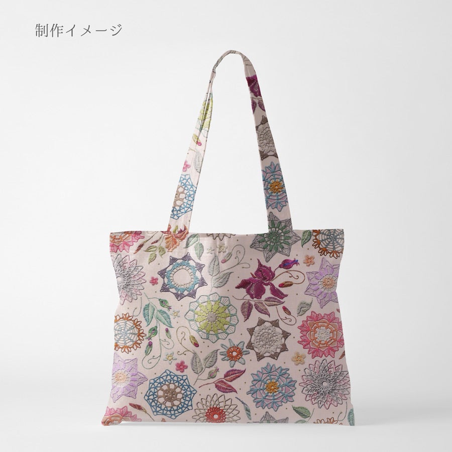 コットン生地 刺しゅう風プリント レースフラワー(ナチュラル) 10cm単位 切り売り