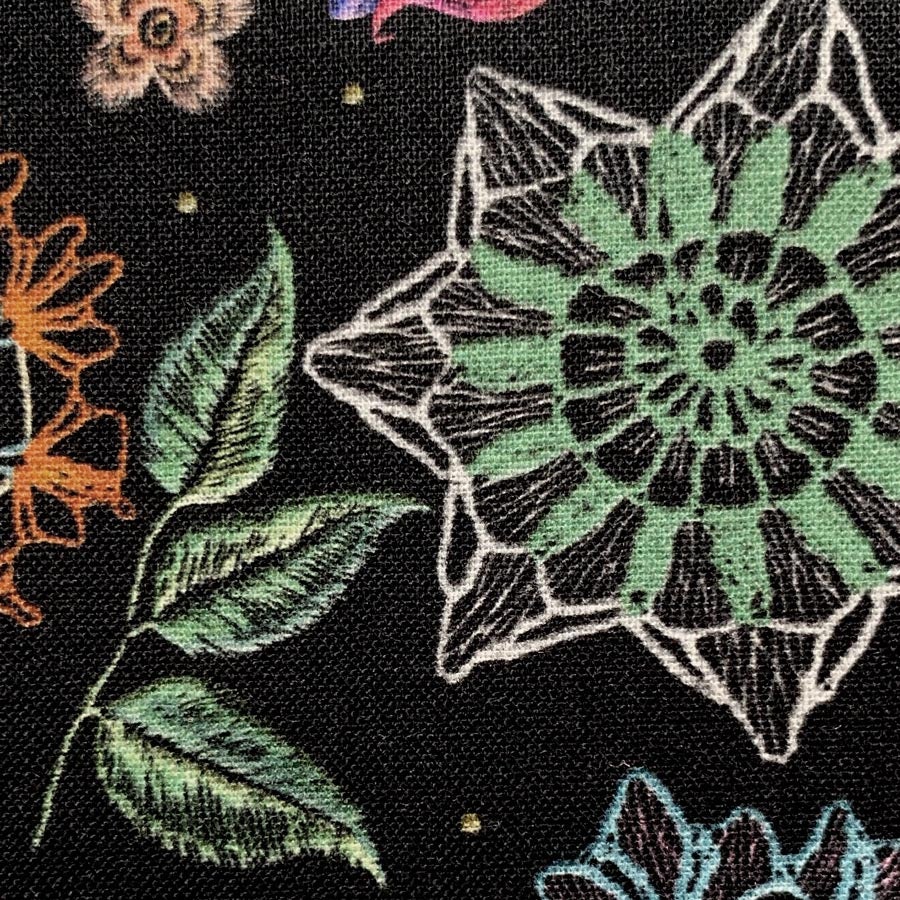 コットン生地 刺しゅう風プリント レースフラワー(ブラック) 10cm単位 切り売り