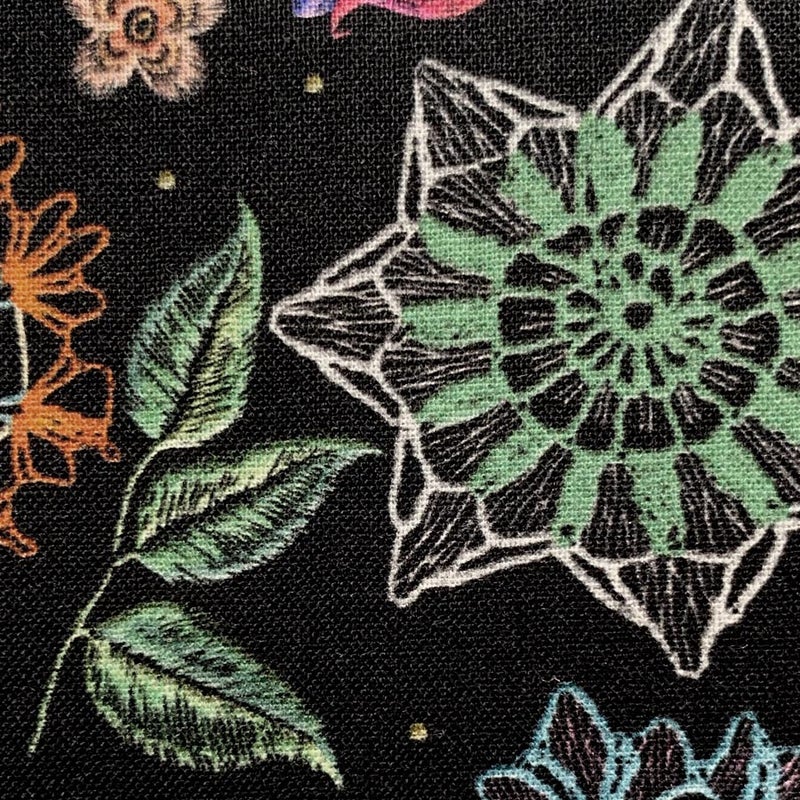 コットン生地 刺しゅう風プリント レースフラワー(ブラック) 10cm単位 切り売り