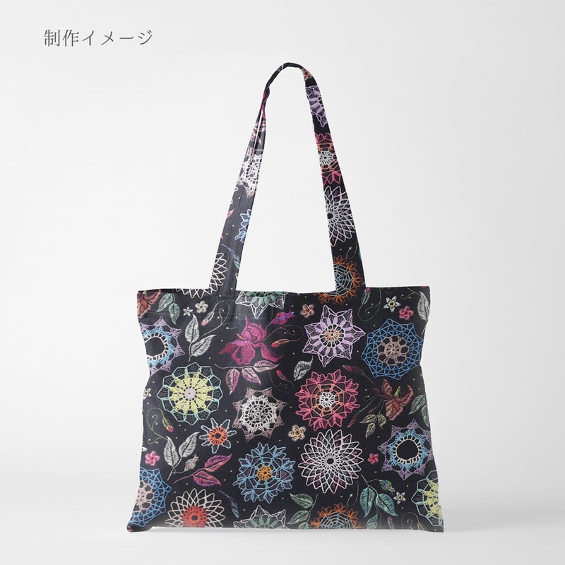 コットン生地 刺しゅう風プリント レースフラワー(ブラック) 10cm単位 切り売り