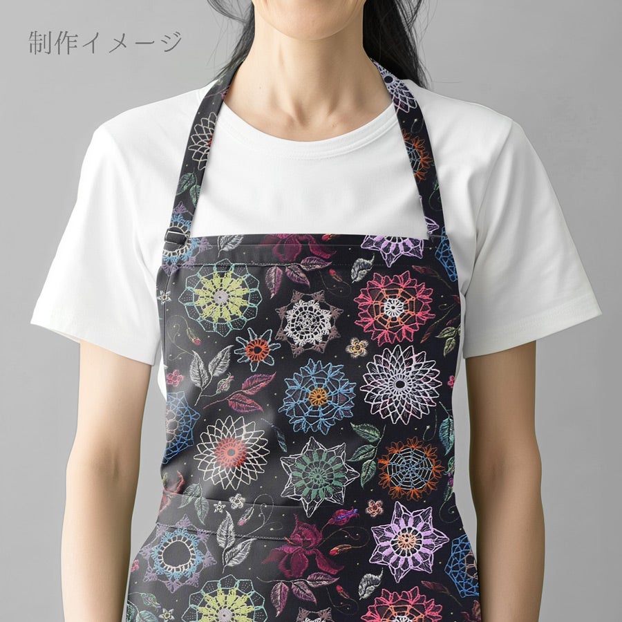 コットン生地 刺しゅう風プリント レースフラワー(ブラック) 10cm単位 切り売り