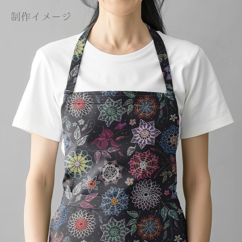 コットン生地 刺しゅう風プリント レースフラワー(ブラック) 10cm単位 切り売り