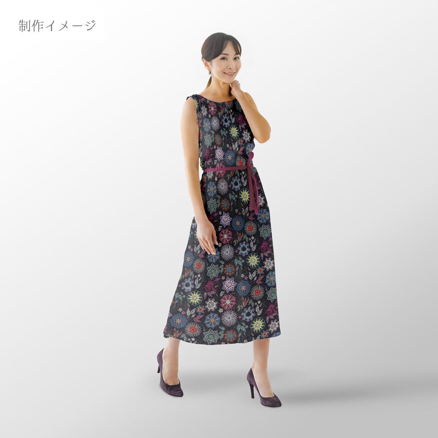 コットン生地 刺しゅう風プリント レースフラワー(ブラック) 10cm単位 切り売り