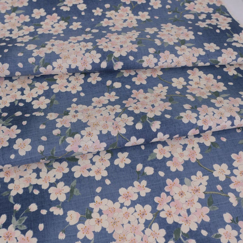 和柄コットン生地 春霞の桜(薄紺青) 10cm単位 切り売り