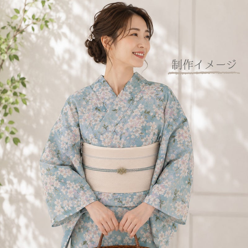 和柄コットン生地 春霞の桜(空色) 10cm単位 切り売り