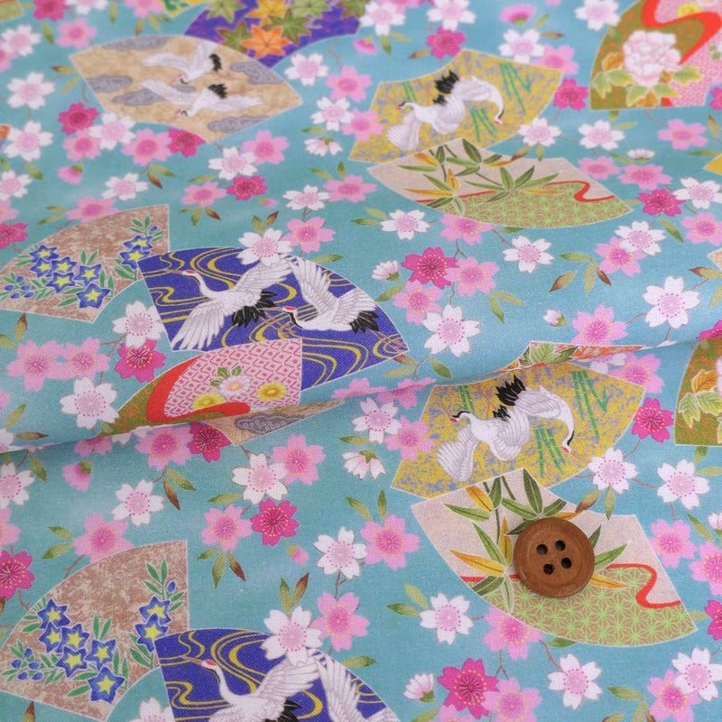 和柄コットン生地 桜に雅扇ちらし(空色) 10cm単位 切り売り